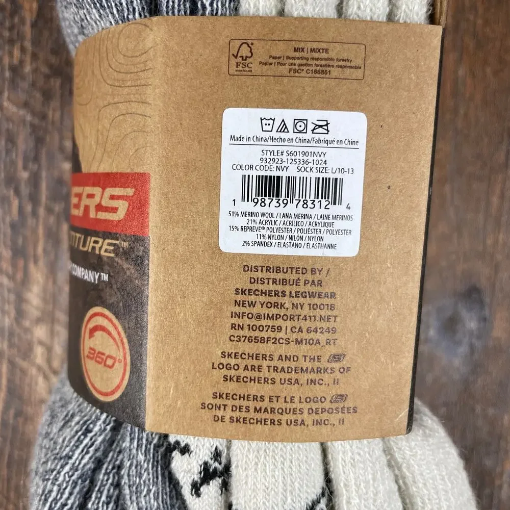 Skechers Mens 8-12 Gray White Sport Adventure Merino Wool Blend Hiking Socks 2pk
